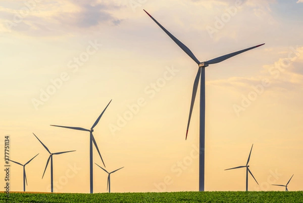 Obraz Renewable energy with wind farm turbines and generators in the sunset, beautiful landscape 