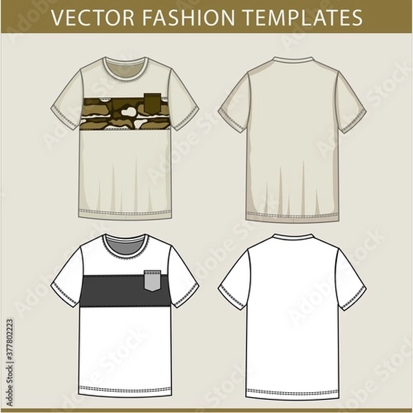 Fototapeta Army t-shirt men fashion flat sketch template. t-shirt front and back view.