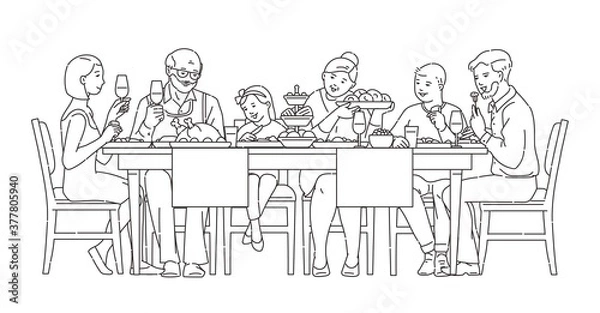 Fototapeta Family having dinner together, vector illustration in black line style isolated.