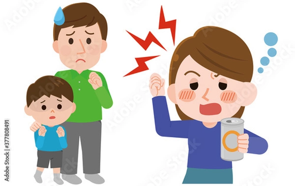Fototapeta 泥酔して家族にあたる女性　困る家族　イラスト