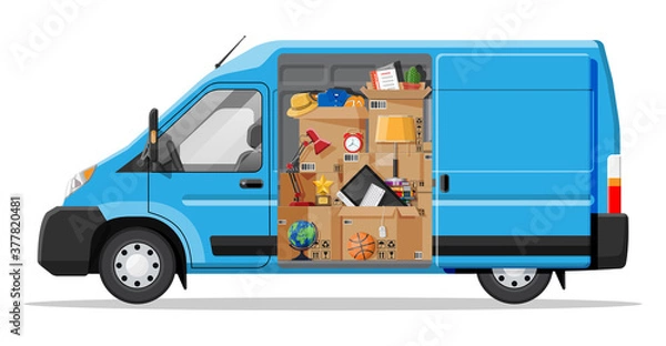 Fototapeta Delivery van with open door and home stuff inside. Moving to new house. Family relocated to new home. Boxes with goods. Package transportation. Computer, lamp, clothes, books. Flat vector illustration