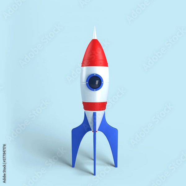 Fototapeta Rocket on blue background, 3D rendering illustration