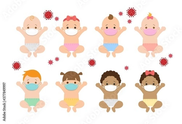 Fototapeta Set of cute babies and their daily illustrations, babies wear masks to prevent infection