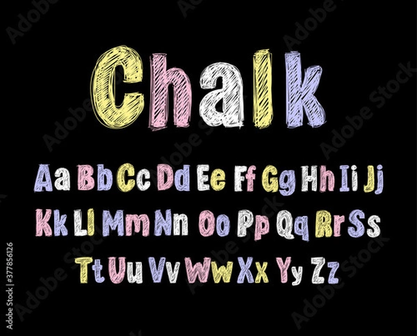 Fototapeta Vector Colorful Crayons Drawn Font Isolated on Black Background, Pastel Colored Letters, Alphabet.