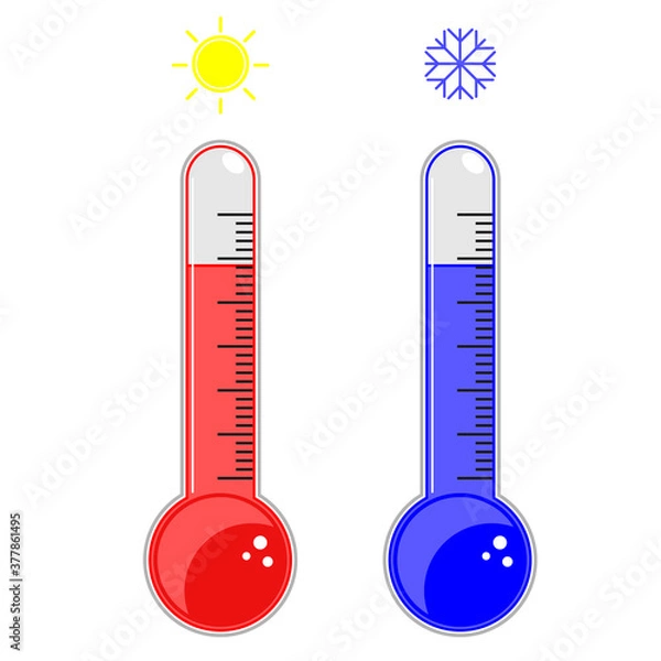 Obraz Flat design of Thermometer measuring heat and cold, with sun and snowflake icons, vector illustration