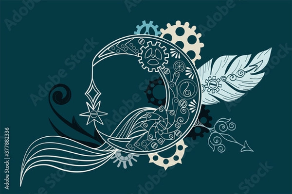 Fototapeta Steampunk composition in blue, grey color. Vector linear drawing with moon, gear, arrow, feather. Modern industrial template for stationery, banner, advertising page. Collage in style steampunk