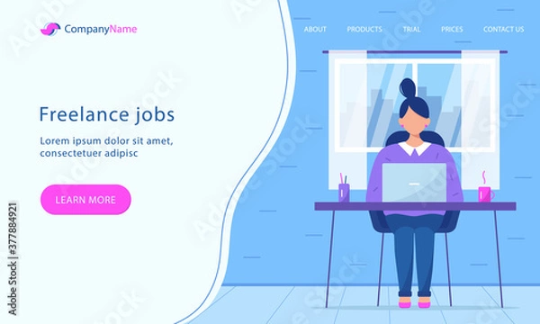 Obraz Web page template of woman working on laptop. Home office, freelance, remote work