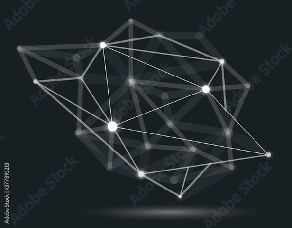 Fototapeta Abstract 3D mesh shape vector illustration, dots connected with lines technology polygonal object, dynamic tech and science lattice, with realistic depth of field effect.