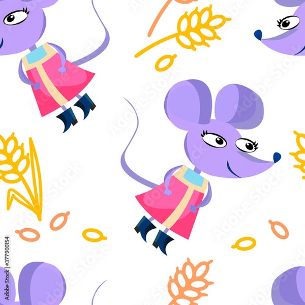 Obraz Pattern mouse in a children's dress with spikes and grains. Seamless pattern on a white background