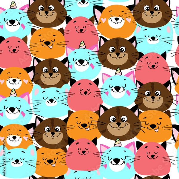 Fototapeta Funny multicolored  head of cats in kawaii style on a white background seamless pattern for children