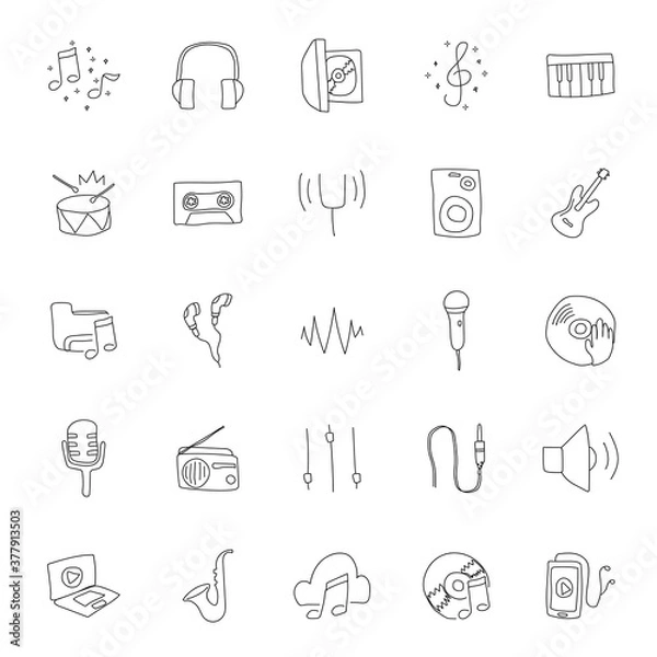 Fototapeta music hand drawn linear doodles isolated on white background. music icon set for web and ui design, mobile apps and print products