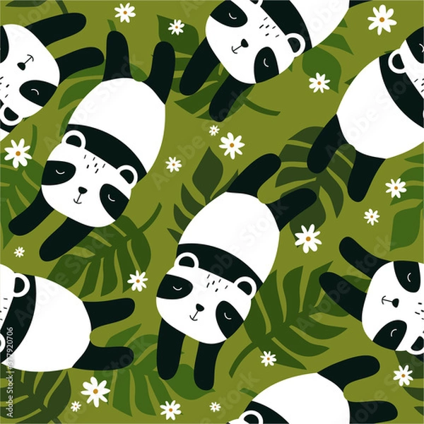 Obraz Pandas, palm leaves, hand drawn backdrop. Colorful seamless pattern with animals. Decorative cute wallpaper, good for printing. Overlapping background vector. Design illustration
