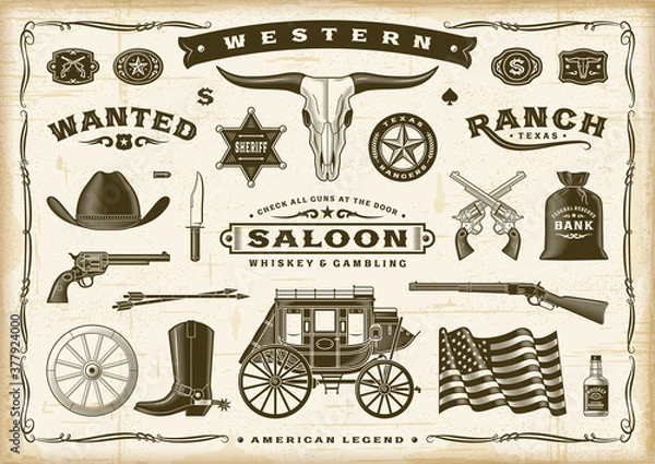 Fototapeta Vintage Old Western Set. Editable EPS10 vector illustration in retro woodcut style with transparency.
