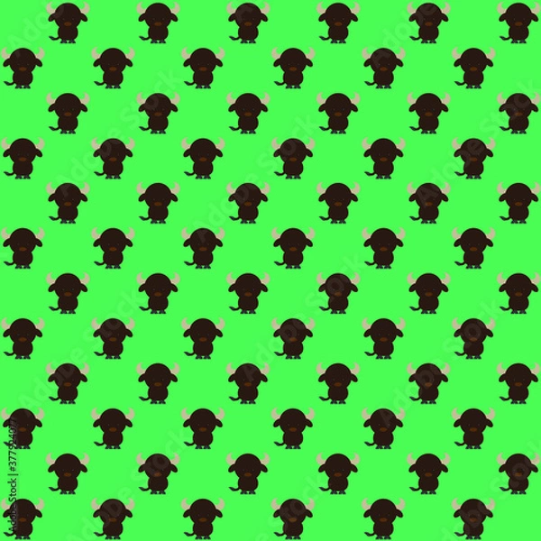 Fototapeta Dark  bull with white horns and tail sitting front view and green background repeat pattern
