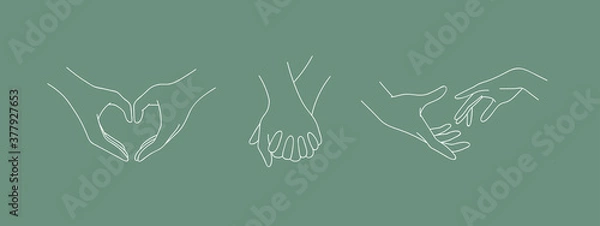 Fototapeta Set of holding outline hands couples with interlocked fingers. Symbol people in love, romance relationship, support, dating, friendship in liner style. Vector illustration isolated on green background