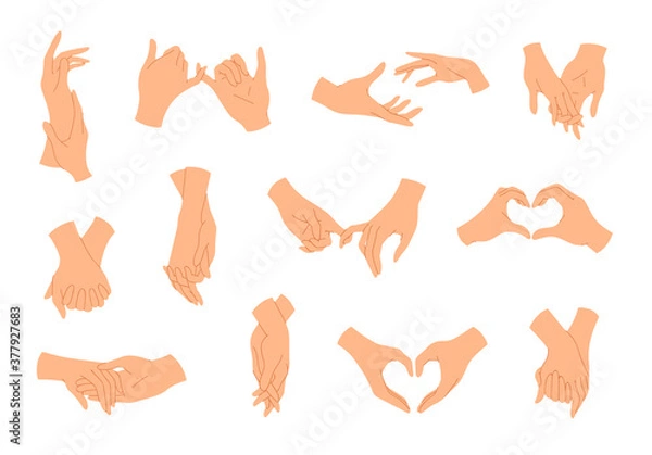 Fototapeta ig set of holding hands couples with interlocked or intertwined fingers. Symbol of people in love, romance relationship, support, dating, friendship. Vector illustration isolated on white background