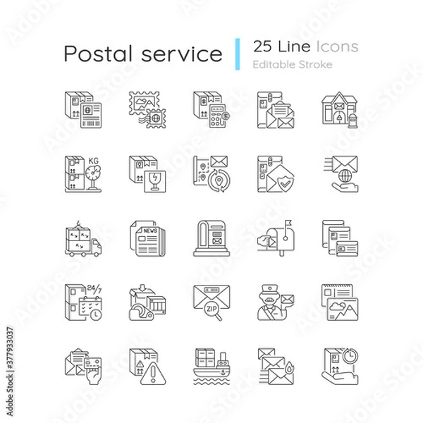 Fototapeta Postal services linear icons set. Express mail delivery business. Transportation industry, post office customizable thin line contour symbols. Isolated vector outline illustrations. Editable stroke