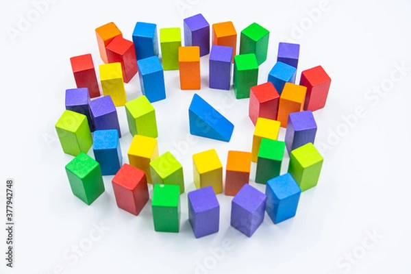 Obraz Untidy variety colorful blocks see sleep blue block at white background