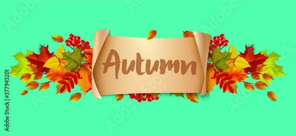 Fototapeta Greetings and gifts for the autumn and autumn season concept. Autumn background, poster and banner template with colorful autumn leaves.