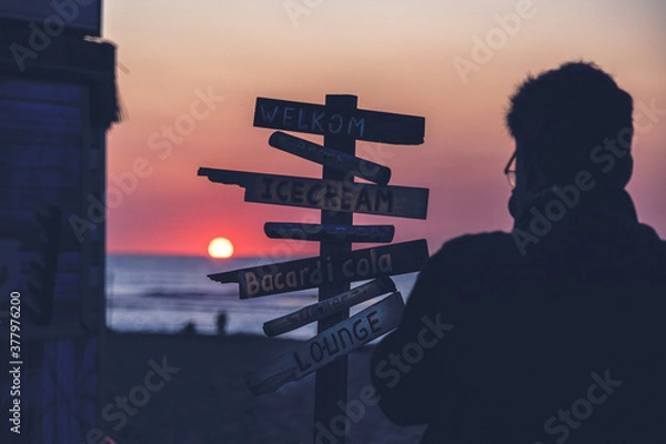 Obraz Sunset at North Sea Kijkduin Beach in the Netherlands where the land, sea and sky meet