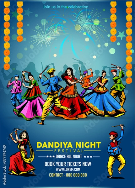 Fototapeta Vector design of Indian couple playing Garba in Dandiya Night  in disco  poster forNavratri Dussehra festival of India Invitation Card Background.