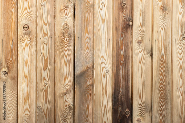 Fototapeta Wooden decorative background with place for text. Light brown larch boards with knots and holes, abstract texture. Empty template. Concept of natural materials for home decoration. Horizontal