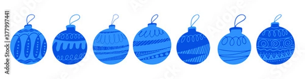 Fototapeta Set of blue hand drawn Christmas tree balls with doodle elements. Isolated on a white background.