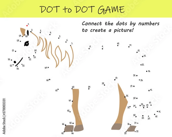 Fototapeta Connect the dots by numbers to reveal a horse in this dot-to-dot educational challenge for kids. Printable worksheet.