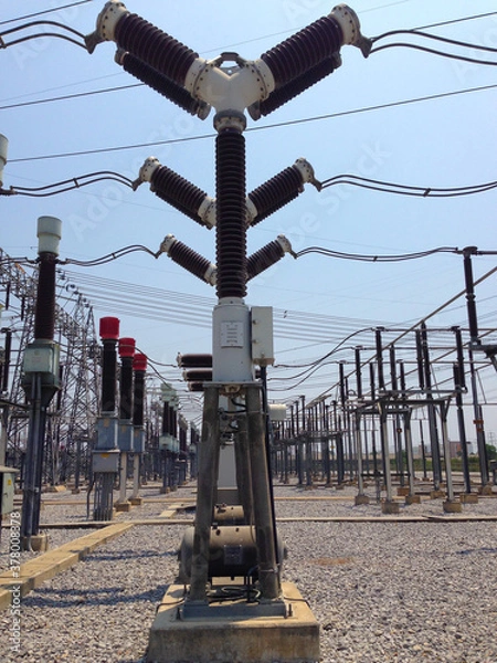 Fototapeta High voltage Gas Insulated circuit breaker in switchyard and electrical power substation, GIS system