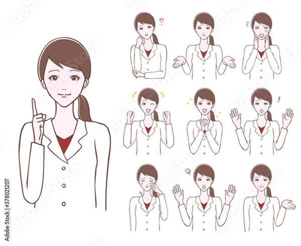 Fototapeta 白衣を着た若い女性のポーズ　セット　イラスト