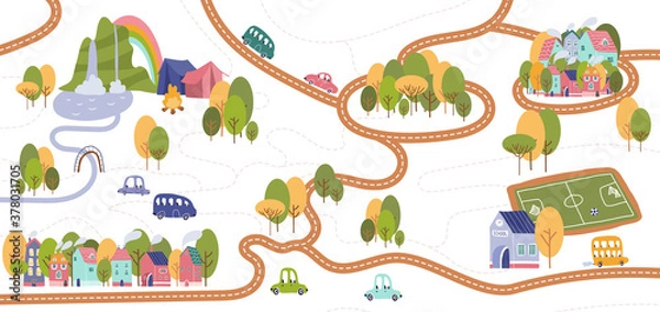 Fototapeta Vector trail map with pathways and camp