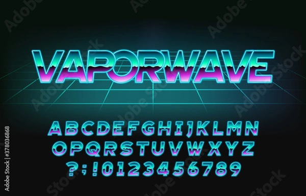 Obraz Vaporwave alphabet font. Retro letters, numbers and symbols in 80s style. Retro-futuristic vector typeface for your typography design.
