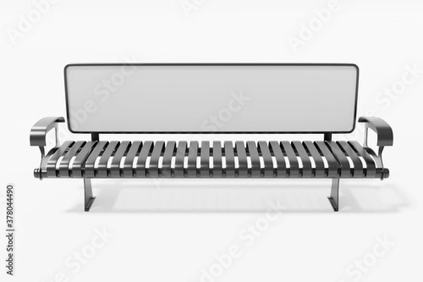 Fototapeta Metal bench with blank billboard for outdoor advertising on a white background. 3D rendering illustration