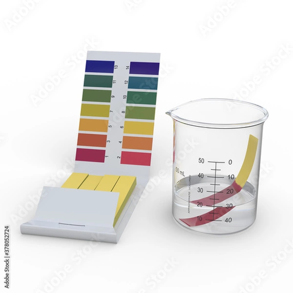 Fototapeta A universal indicator paper dipped into an acid solution in a 50 ml beaker turns dark red. Isolated on white background. 3D illustration.