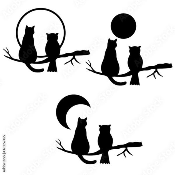 Obraz vector illustration, owl and cat on a branch, sun, moon, set of images in black, isolate on a white background