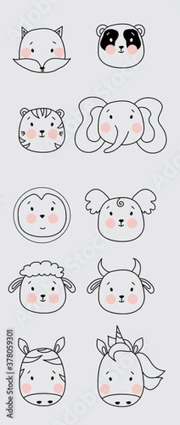 Fototapeta Outline drawing. Cute simple animal portraits - fox and panda, tiger and words, penguin and koala, sheep and bull, zebra and unicorn. Childrens collection, for design, printing and decoration. Vector 