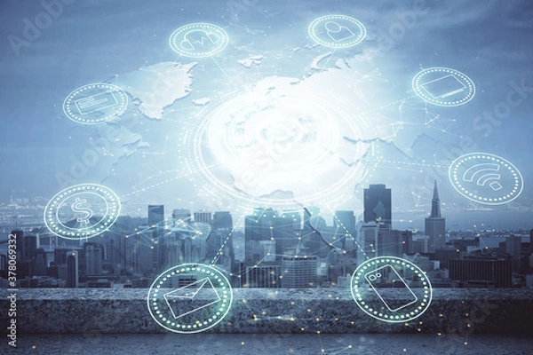 Fototapeta Double exposure of social network theme drawing and cityscape background. Concept of people connecton.