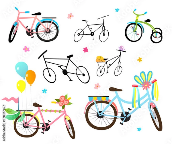 Fototapeta Funny decorated bicycles hand drawn collection, colorful clipart for kids projects. Quirky bikes objects set isolated on white, cute festive cycle collection. Vector cartoon illustration for kids