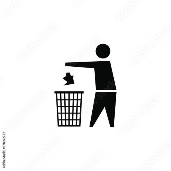 Obraz Black icon to dispose of trash in special waste bins. Used goods container sign. The symbol is to observe cleanliness and order. A pictogram of a man.