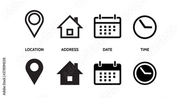 Fototapeta Location, Address, date, time, contact, Calendar, home. set icons vector line illustration