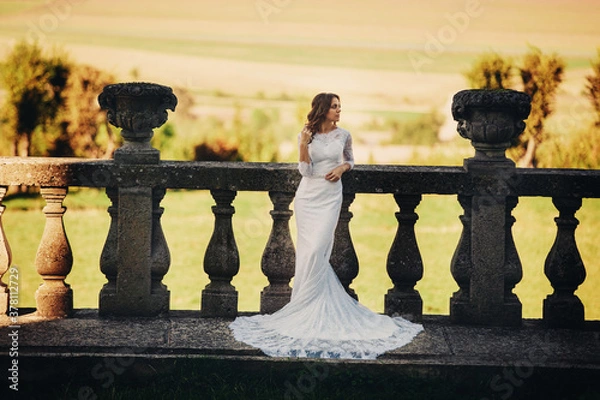 Fototapeta Beautiful bride in a luxurious dress standing on a large balcony