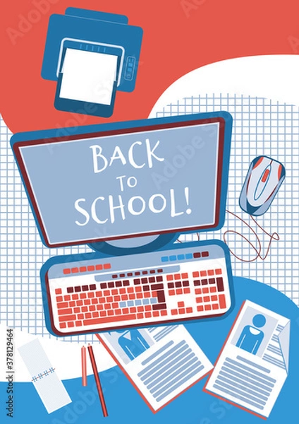 Obraz Vertical school design in a flat restrained style. Computer, graphic tablet, mouse. vector illustration