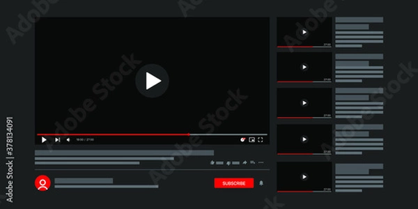 Obraz Template video player. Social media content. Desktop interface dark version, ui. Vector illustration. 