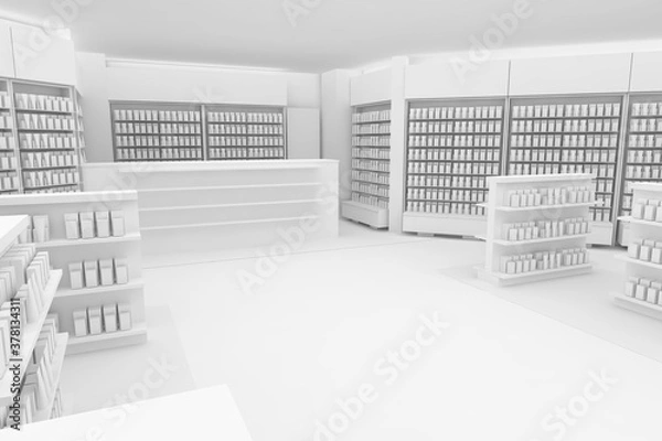 Fototapeta 3D Illustration Rendering. Clean Pharmacy views on white backgorund for presentation and mockup blueprints. Architectural visualization of Modern interior design store.