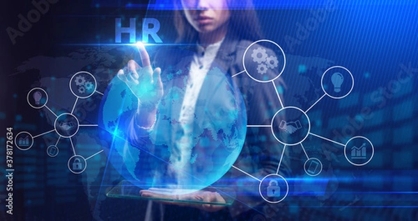 Fototapeta Business, Technology, Internet and network concept. Young businessman working on a virtual screen of the future and sees the inscription: