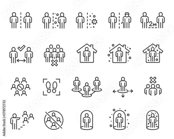 Fototapeta Zestaw ikon dystansu społecznego. Zbiór liniowych prostych ikon internetowych, takich jak Self-Isolation, Safe Distance, Stay Home, Keep Distance, Quarantine i inne. Edytowalne obrysy wektorowe