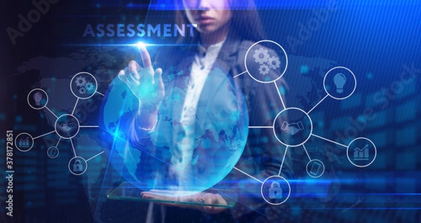 Fototapeta Business, Technology, Internet and network concept. Young businessman working on a virtual screen of the future and sees the inscription: