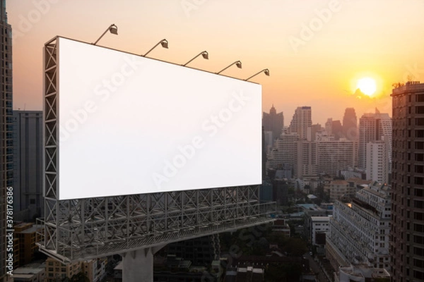 Fototapeta Blank white road billboard with Bangkok cityscape background at sunset. Street advertising poster, mock up, 3D rendering. Side view. The concept of marketing communication to promote or sell idea.