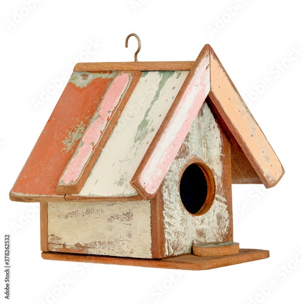 Obraz Wooden birdhouse isolated on white background with clipping path, old colourful handmade  bird house for  garden decoration