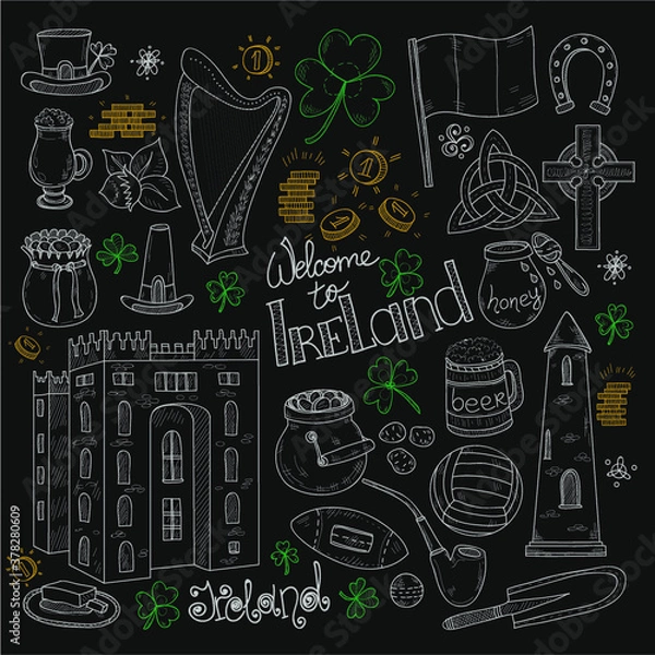 Fototapeta Set of Ireland related hand drawn icons including irish coffee; irish round tower and others. Doodle vector Ireland related collection